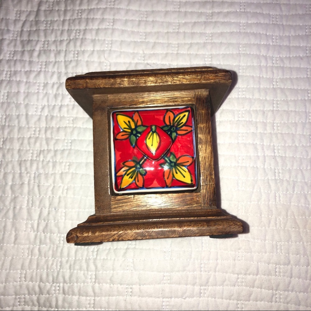 Wooden Carved Square and Ceramic Drawer Piece